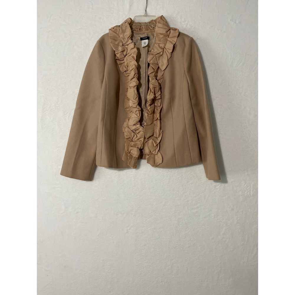 J.Crew Womens 8 Wool Silk Ruffle Collar Blazer Jacket Camel Tan Open Front